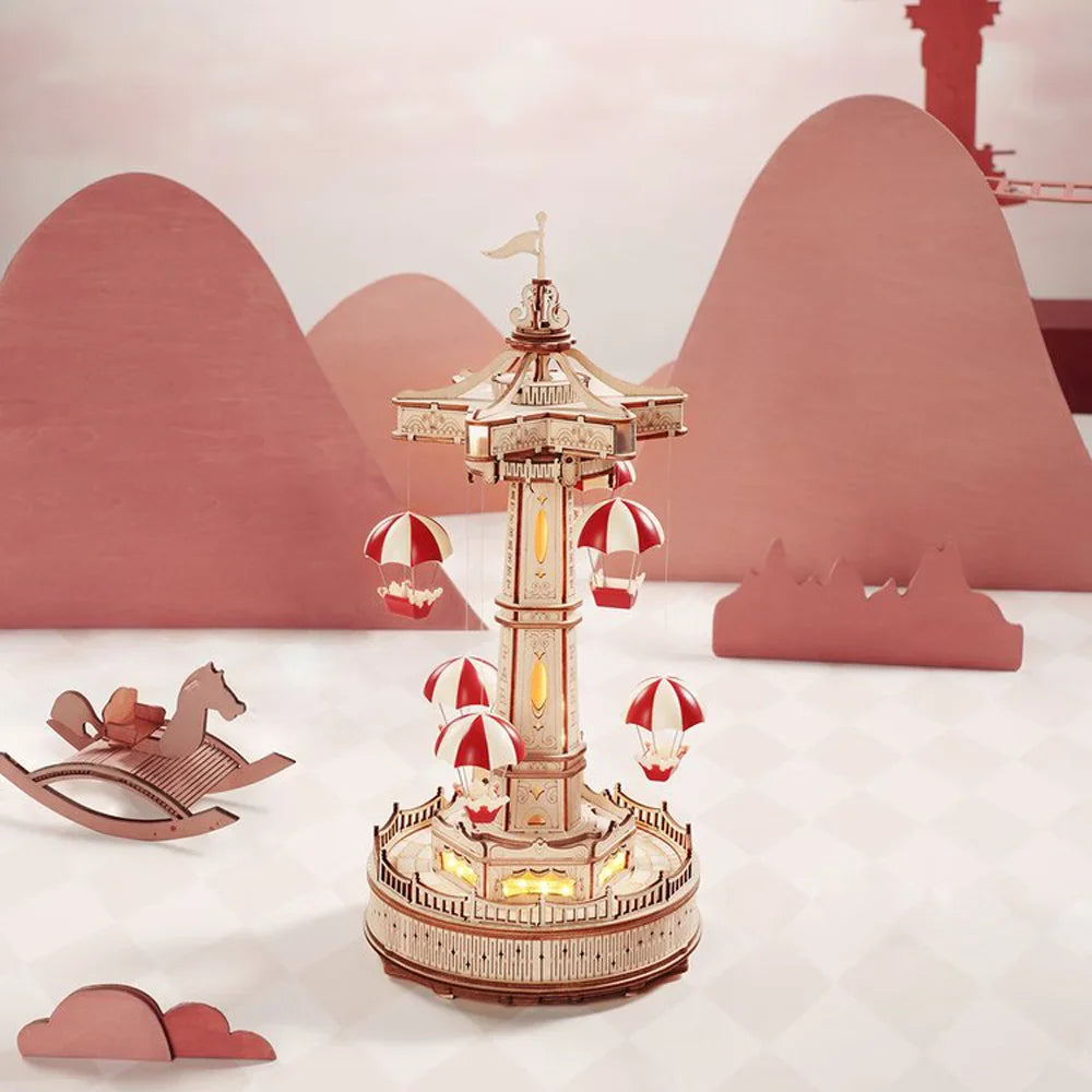 Skanto | ROKR Parachute Tower Musikkboks | 3D Trepuzzle med Bevegelse & Lys | DIY Sett 184 Biter | Magisk Karneval for Barn & Voksne