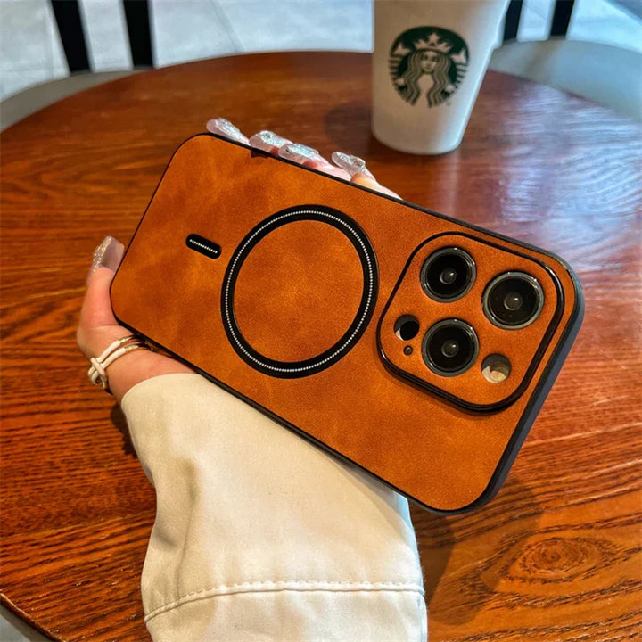 Skanto | Luxury Deer Leather Apple iPhone Case | Magnetisk telefonveske, trådløs veske, MagSafe, trådløs lading, beskyttelsesveske, deksel for iPhone 15, 14, 13 Pro Max Plus