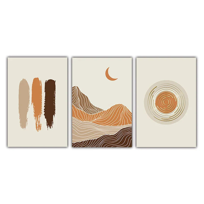 Abstrakt Geometrisk Taupe Terracotta Landskap Sol Måne Veggkunst Fine Art Lerret Trykk Bilder For Stue Soverom Kunstdecor | Skanto
