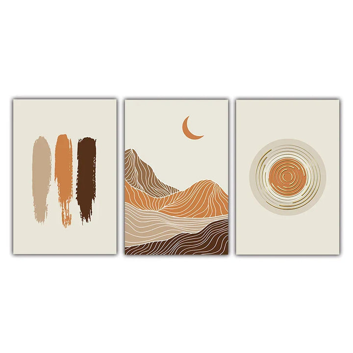 Abstrakt Geometrisk Taupe Terracotta Landskap Sol Måne Veggkunst Fine Art Lerret Trykk Bilder For Stue Soverom Kunstdecor | Skanto