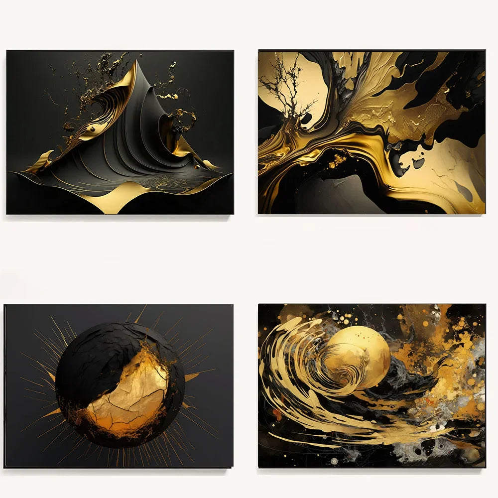 Moderne Flytende Geometri Svart Gull Abstrakt Veggkunst Fine Art Lerretsutskrifter Bilder For Stue Spisestue Hjemmekontor Dekor | Skanto