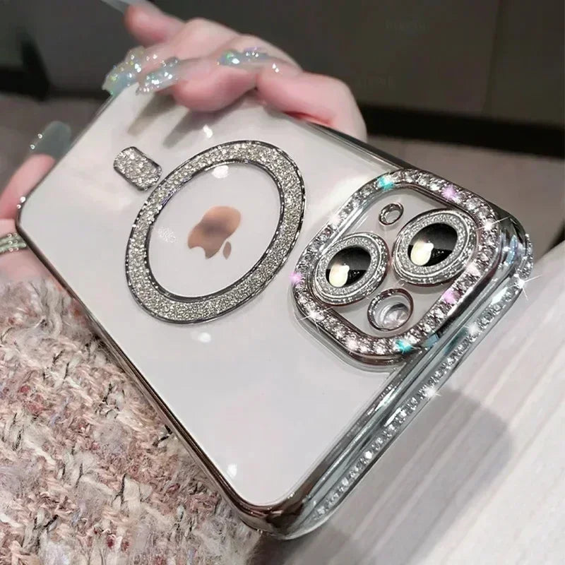 Luksus Glitter Bling MagSafe-deksel med krystalllinse for iPhone 15 16 11 12 13 14 Pro Max 16 Plus magnetisk trådløs lading gjennomsiktig deksel