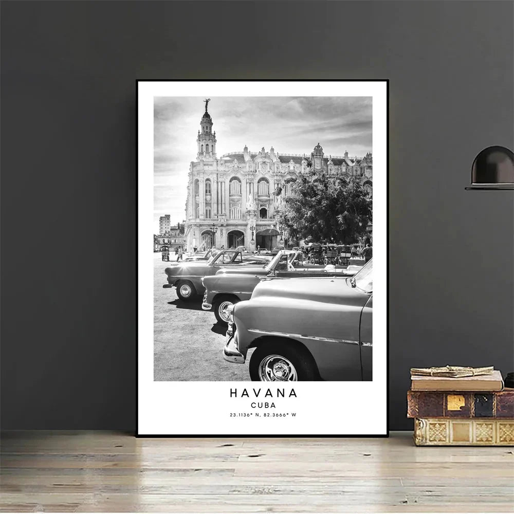 Cuba Havana Black & White Reiseplakat Veggkunst Fine Art Lærred Trykk Bilder For Stue Spisestue | Skanto