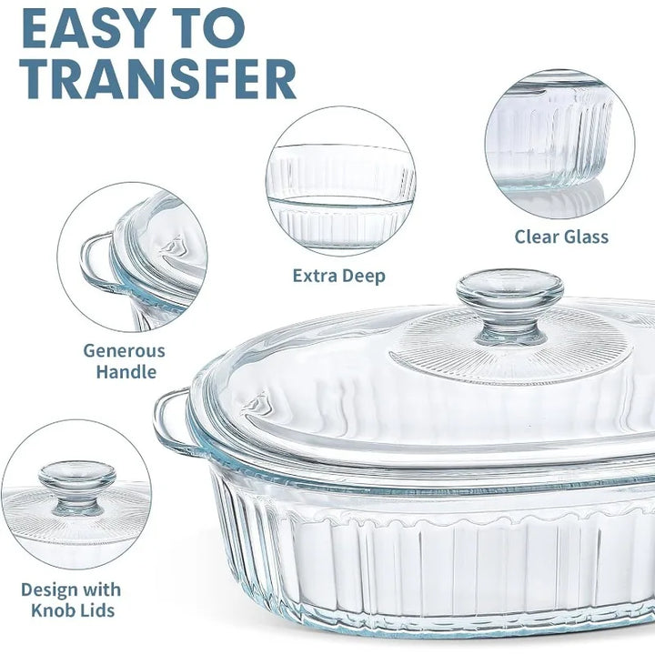 Skanto | 4-delt Glass Bakeware Sett med 2 Bakeware Retter med Glasslokk, 1.9 Qt og 3 Qt