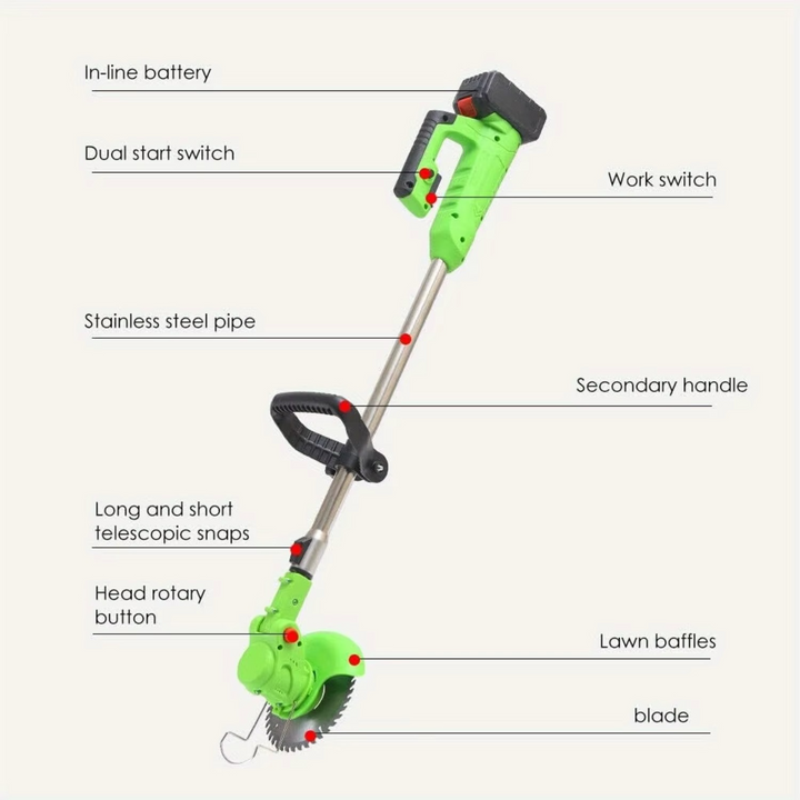 Akku-Rasentrimmer 600W, 51" verstellbarer Rasentrimmer und Freischneider med 8 Klingen og zwei 24V-Akkus