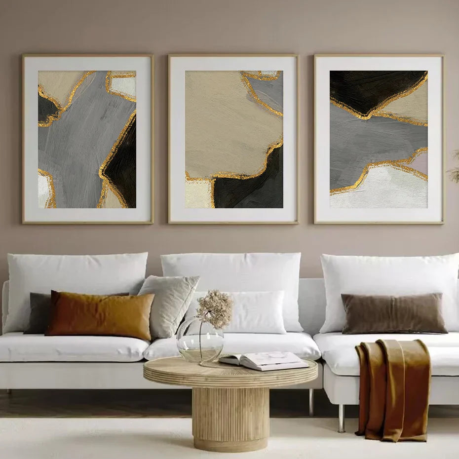 Abstrakt Blokkfarge Veggkunst Svart Grå Beige Gylden Kvalitetslerret Trykk Bilder For Moderne Leilighet Stue Moderne Hjem Dekor | Skanto