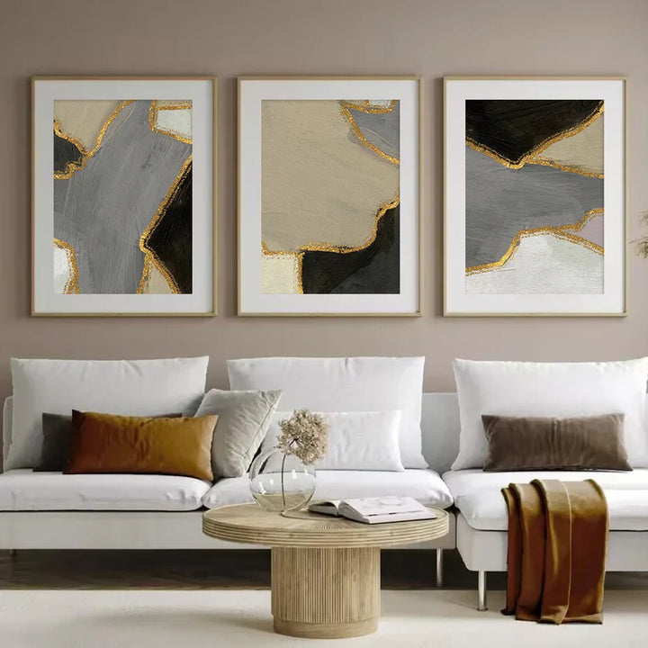 Abstrakt Blokkfarge Veggkunst Svart Grå Beige Gylden Kvalitetslerret Trykk Bilder For Moderne Leilighet Stue Moderne Hjem Dekor | Skanto