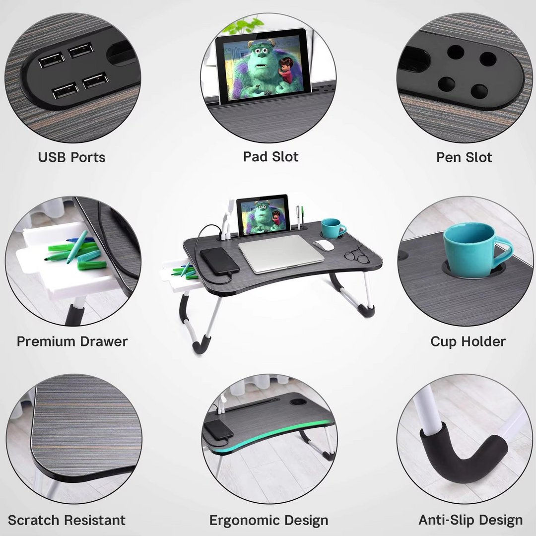 Skanto | Bærbart sammenleggbart laptopbord med USB-lampe, vifte og koppholder - 15,75" x 23,62"