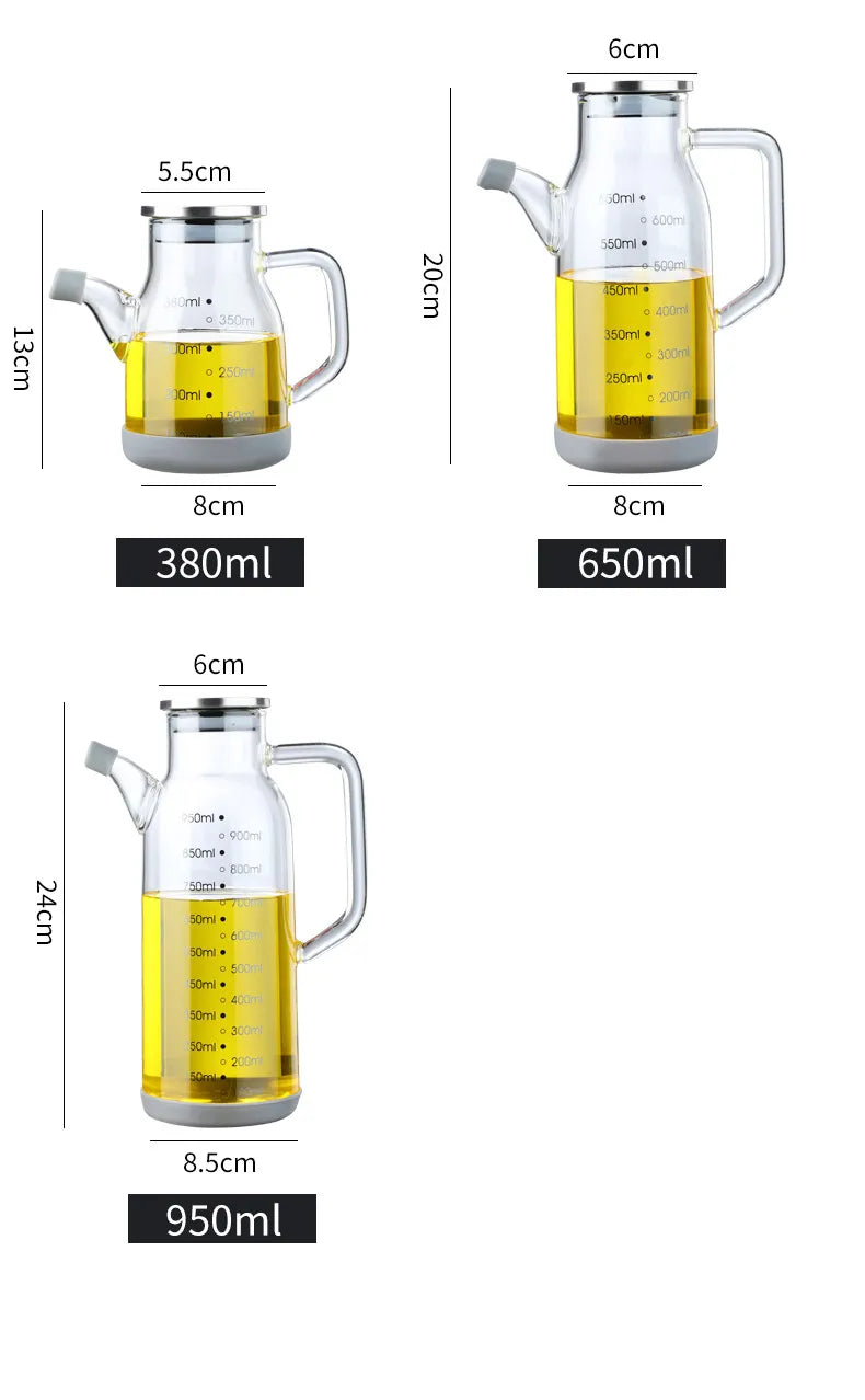 Måleskala i glass, oljedispenser, flaske