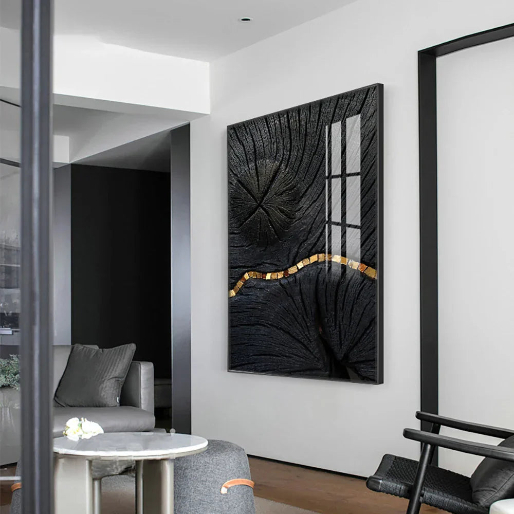 Abstrakte svarte gulltre ringer veggkunst Fine Art lerretstrykk lys luksus bilder for stue foajé inngangsparti resepsjonsområde kunst dekor | Skanto