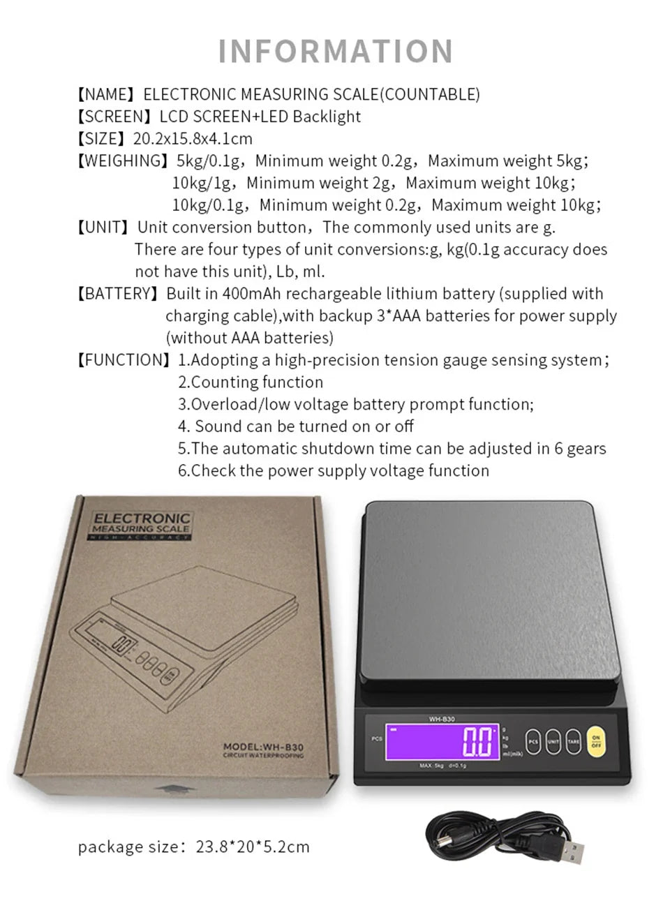 Skanto | 5 kg/0,1 g og 10 kg/1 g digital elektronisk kjøkkenvekt, LCD-skjerm, hel vanntett rustfritt stålværktøy for baking