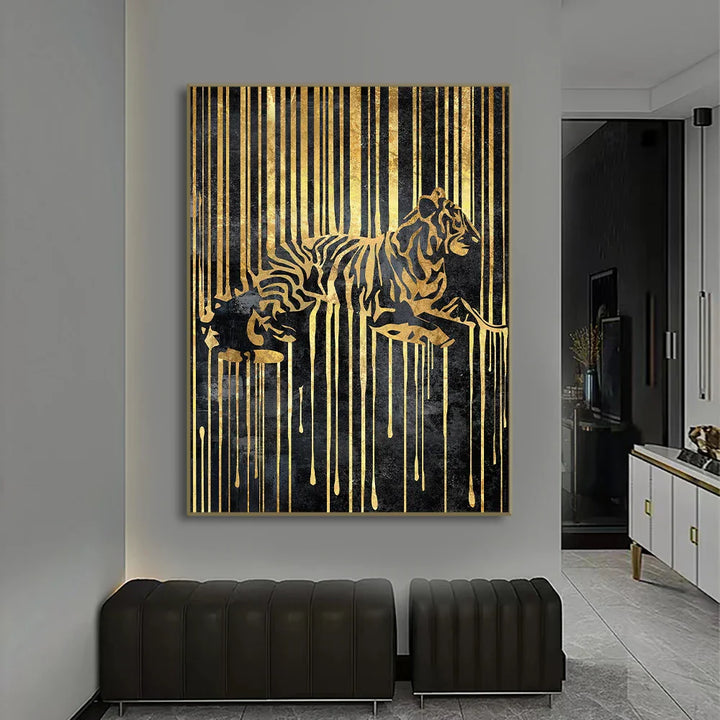 Moderne abstrakte gyldne zebra-linjer løve elefant tiger veggkunst fine art lerret utskrifter bilder for luksus leilighet stue spisestue kunst dekor | Skanto