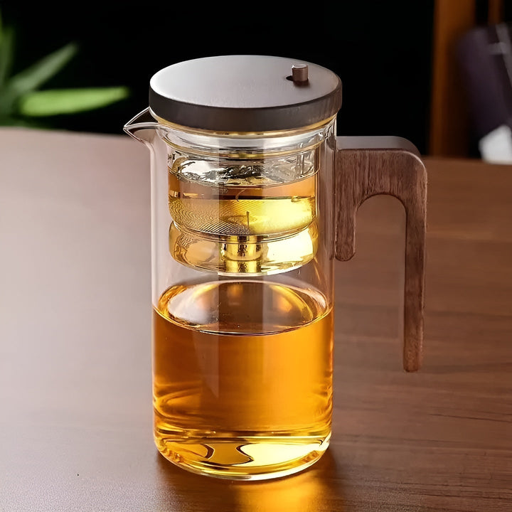 Glas tekanne med trebhandle – Én-klikks filter | Perfect for løs te & Puer | Skanto