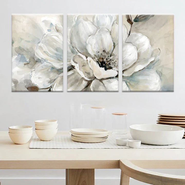 Stor Beige Hvit Blomster Veggkunst Fine Art Lerret Utskrifter Moderne Botaniske Bilder For Stue Spisestue Soverom Kunst Dekor | Skanto