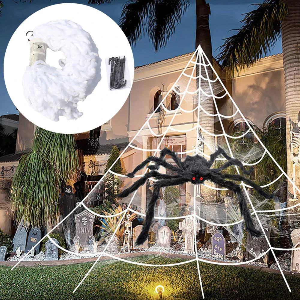 Skanto | CreepyWeb XXL Spindelvev | Triangulær | 5 m | Fluffy Halloween Dekorasjon for Hage & Hjem