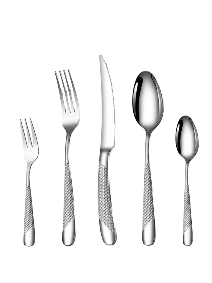 Skanto | Høyverdig rustfritt stål sølv stjerne diamant bestikksett - Inkluderer kniv, gaffel, skje og dessertgaffel & skje - 6-delt/30-delt alternativer