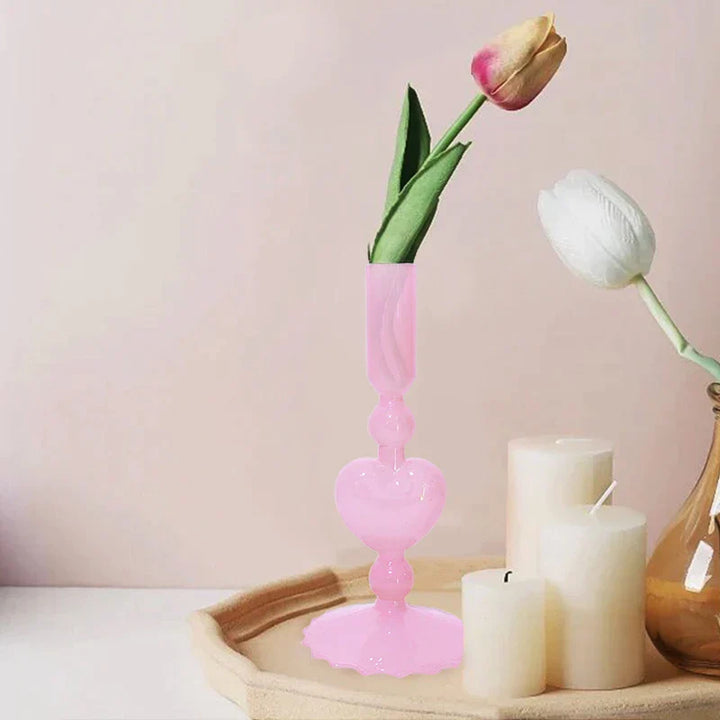 Skanto | Retro Taper Lysestake Rød Hjerteformet Glass Lysestake Bryllup Borddekorasjon Hjem Fest Glass Vase Dekor