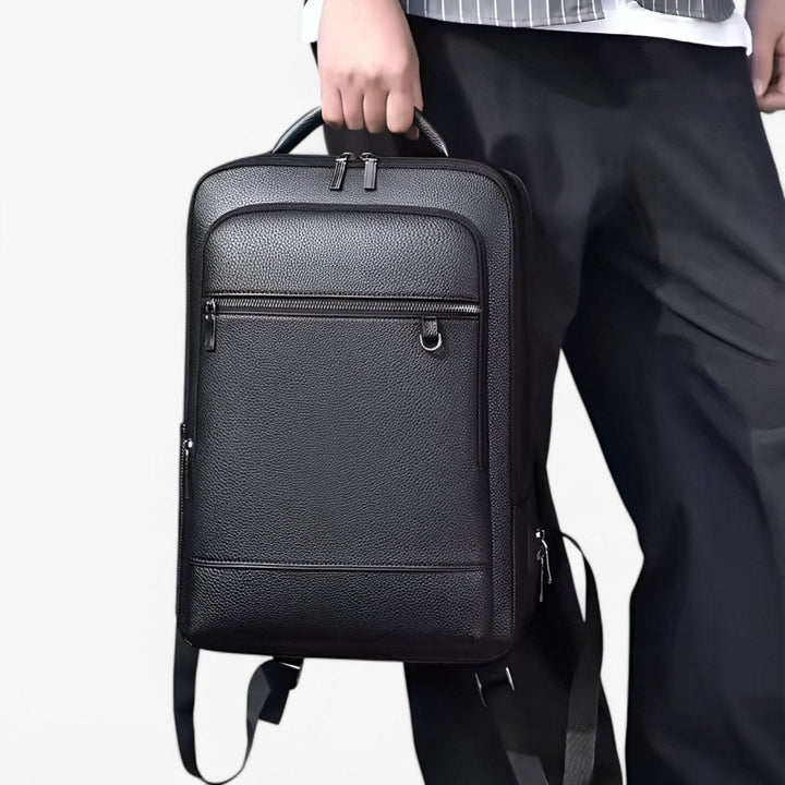Eleganter Lederrucksack for Damen og Herren med USB-anschluss for laptop og täglichen bruk, 15,6 Zoll, schwarz
