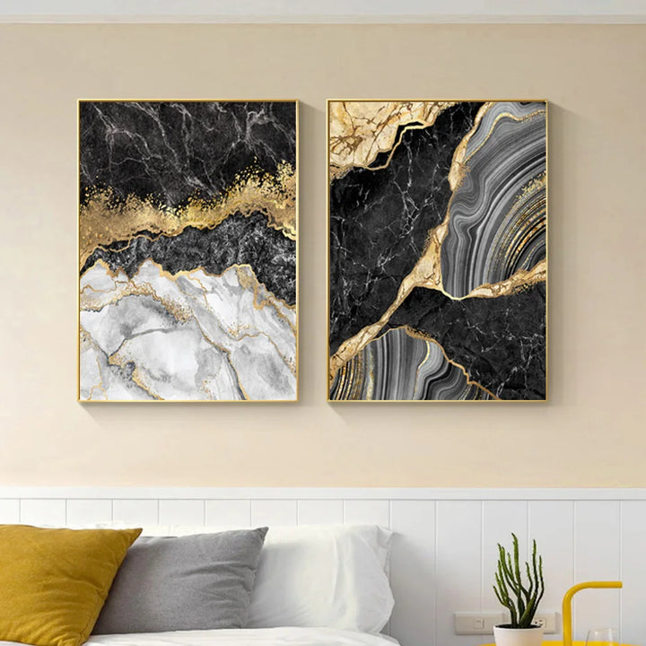 Moderne Abstrakt Svart Grå Gull Geode Marmor Trykk Veggkunst Fine Kunst Lerret Trykk Bilder For Luksus Leilighet Stue Hjem Kontor Dekor | Skanto