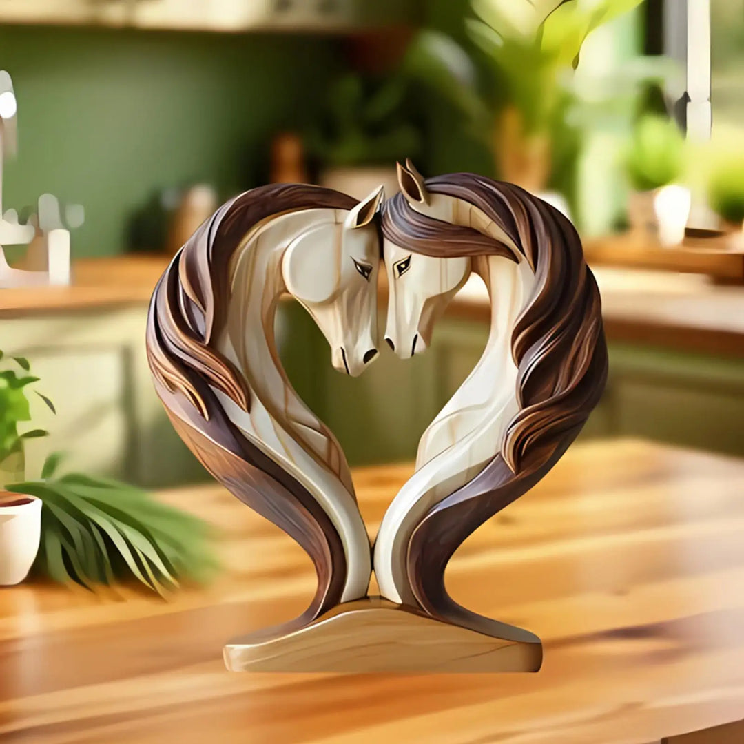 Skanto | Equora Hest Skulptur | Hest Skulptur Tre | 2D Design i Omfamning Pose | Dekorasjon for Stue, Kontor og Barnerom