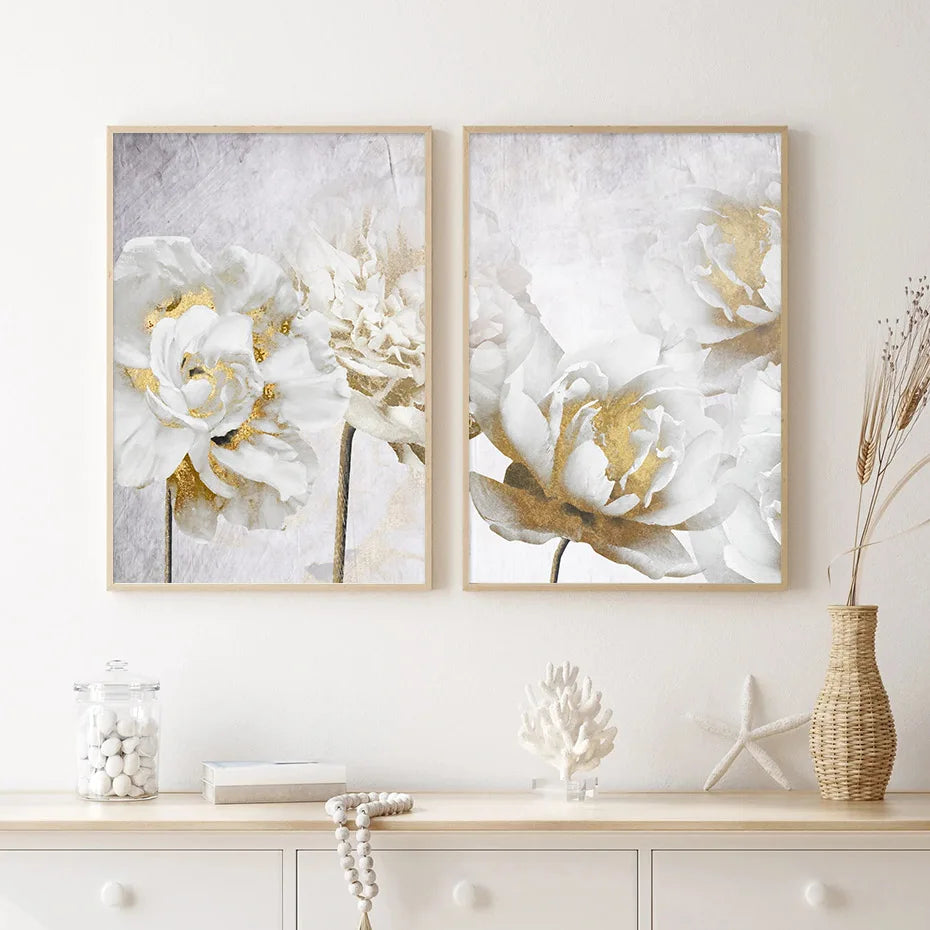 Opulent Blossoms Elegant White Flowers with Gold Accents Canvas Wall Art Fine Art Canvas Prints Posters Floral Pictures For Modern Living Room | Skanto