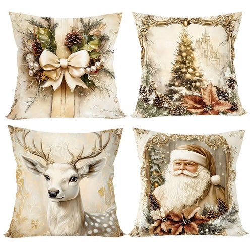 Skanto | GoldenVintage Putetrekk Sett med 4 | Juledesign med Julenisse, Reinsdyr & Sløyfe | Sofa Dekor & Stue | 45×45 cm