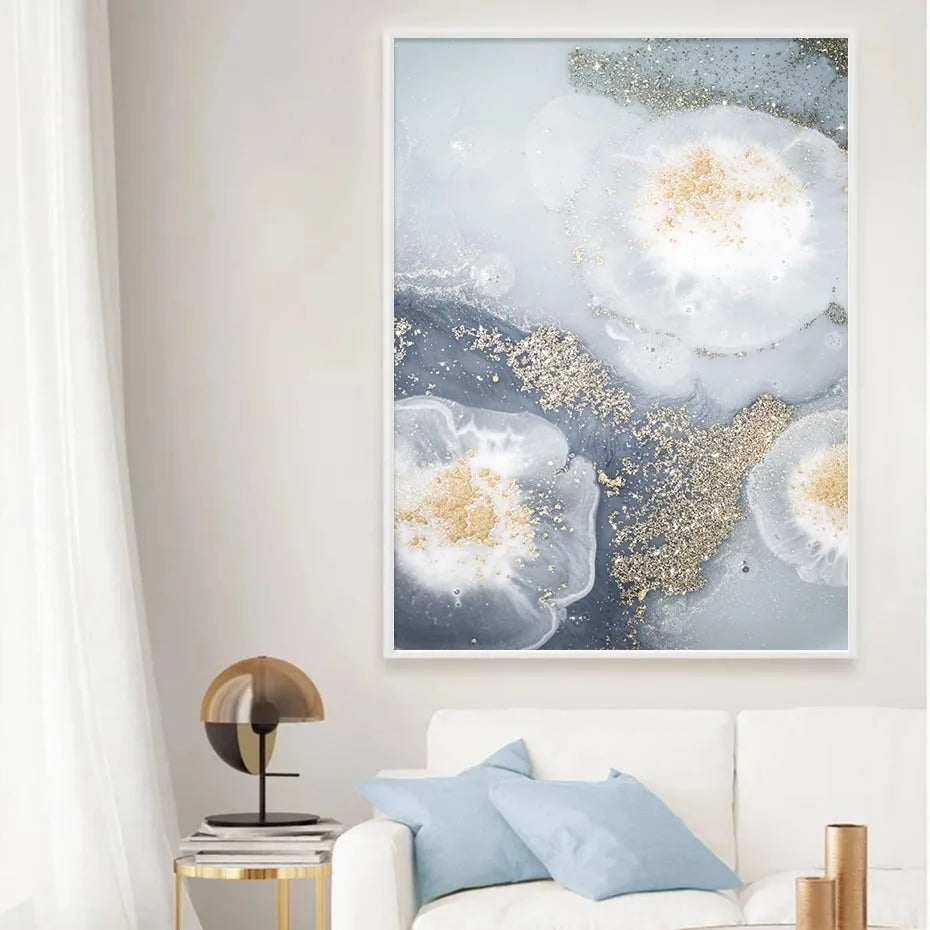 Blå Hvit Gylden Abstrakt Floral Veggkunst Fine Art Lerretsutskrifter Plakatbilde For Moderne Stue Soverom Nordisk Hjem Dekor | Skanto