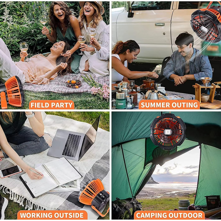 Skanto | Oppladbar campingvifte med LED-lys, fjernkontroll og hengende krok