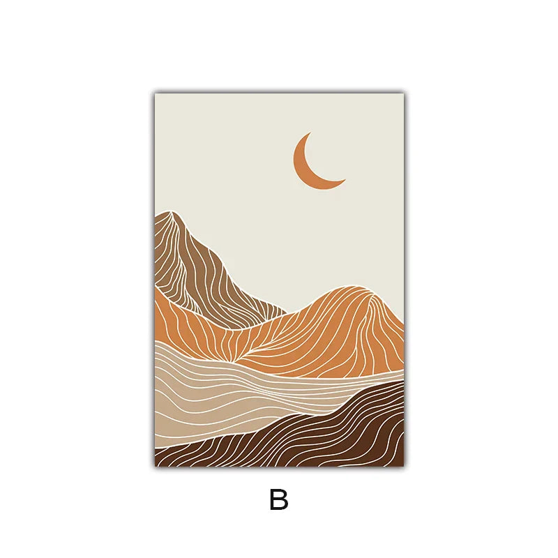 Abstrakt Geometrisk Taupe Terracotta Landskap Sol Måne Veggkunst Fine Art Lerret Trykk Bilder For Stue Soverom Kunstdecor | Skanto