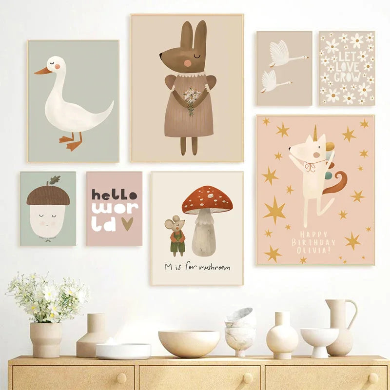 Søte Baby Dyr Barnerom Veggkunst Illustrasjoner Fine Art Lerretsutskrifter Gås Mus Løve Isbjørn Plakatbilder For Babys Rom Veggdekor | Skanto