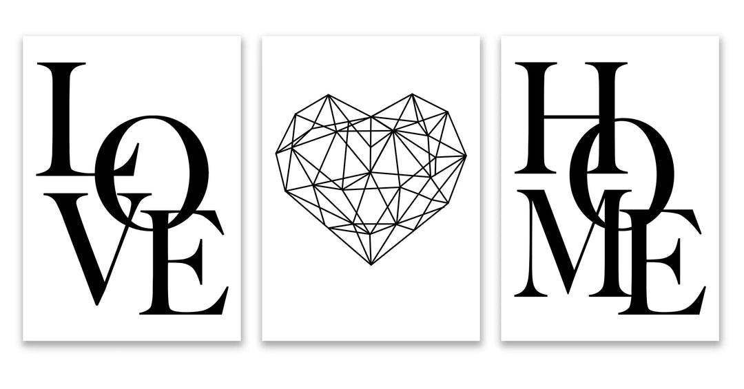 Sett med 3Pcs Geometric Love Home Heart Wall Art Fine Art Canvas Prints Black White Minimalist Posters Pictures For Living Room Bedroom Art Decor | Skanto
