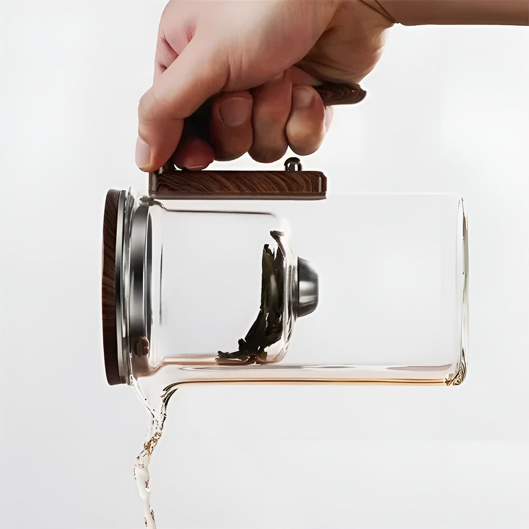 Glas tekanne med trebhandle – Én-klikks filter | Perfect for løs te & Puer | Skanto