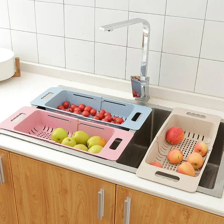 FlexDrain Dreneringskurv Kjøkken – Justerbar Kokedusjorganisator | Automatisk Drenering & Frukt Grønnsakstørrer | Plassbesparende Kjøkken Tilbehør | Skanto
