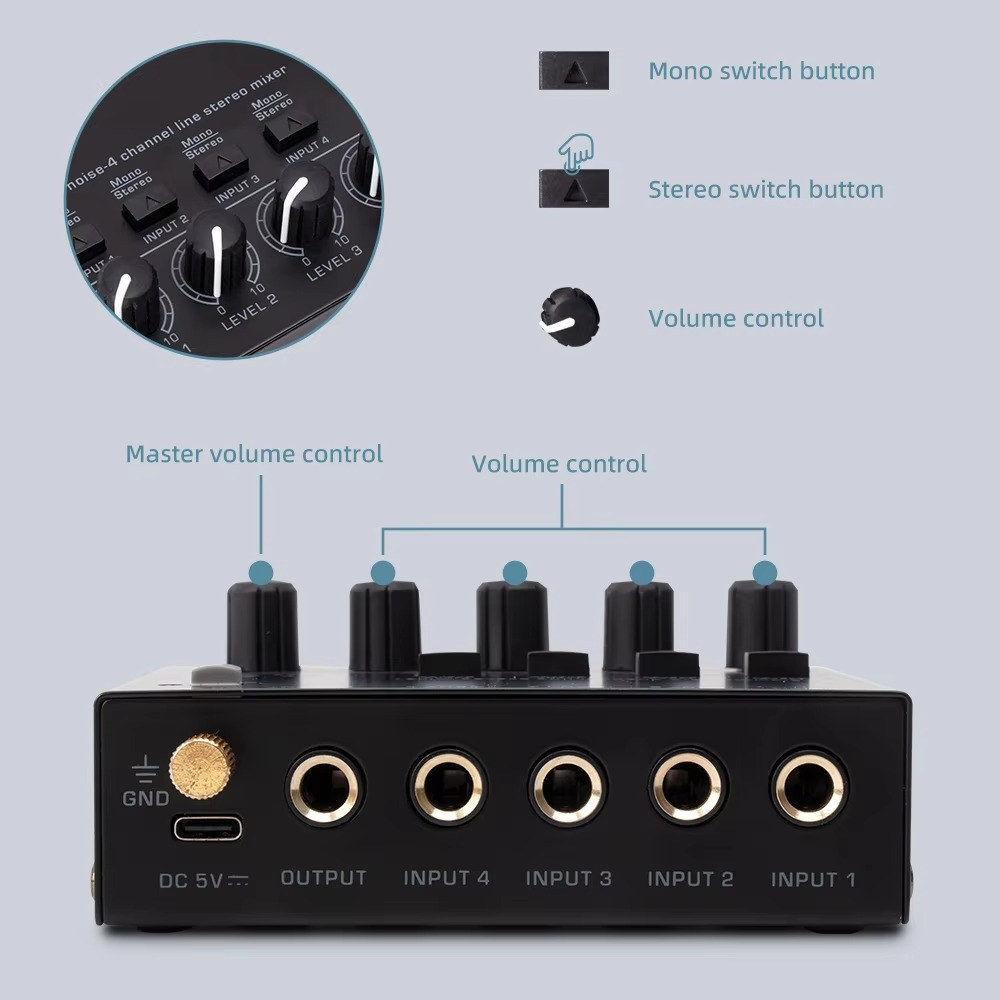 Ultrakompakter 4-Kanal-Audiomixer med lyd og stereoanlegg