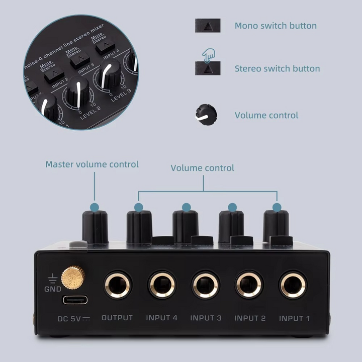 Ultrakompakter 4-Kanal-Audiomixer med lyd og stereoanlegg