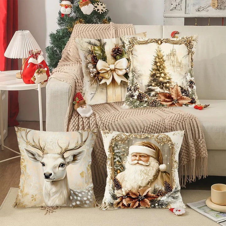 Skanto | GoldenVintage Putetrekk Sett med 4 | Juledesign med Julenisse, Reinsdyr & Sløyfe | Sofa Dekor & Stue | 45×45 cm