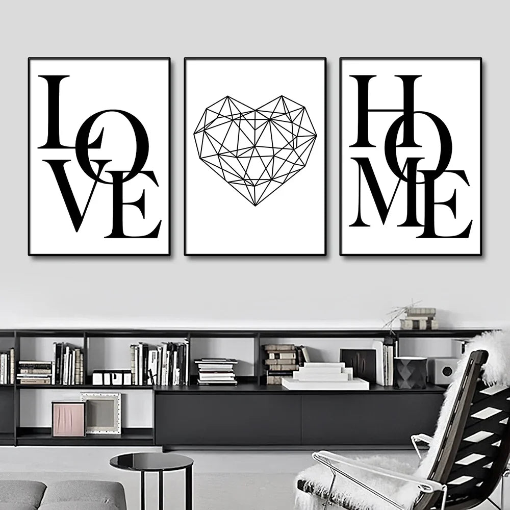 Sett med 3Pcs Geometric Love Home Heart Wall Art Fine Art Canvas Prints Black White Minimalist Posters Pictures For Living Room Bedroom Art Decor | Skanto