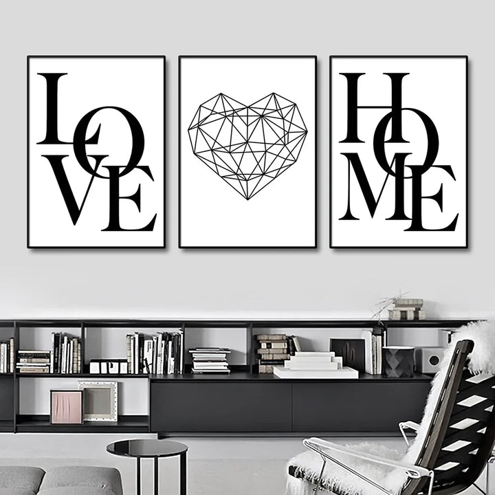 Sett med 3Pcs Geometric Love Home Heart Wall Art Fine Art Canvas Prints Black White Minimalist Posters Pictures For Living Room Bedroom Art Decor | Skanto