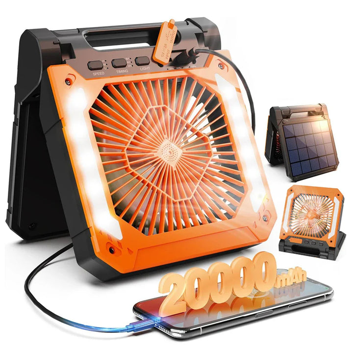 20000mAh Bærbar Elektrisk Vifte med LED Lys — USB, Sol & Bil Lading for Camping | Skanto
