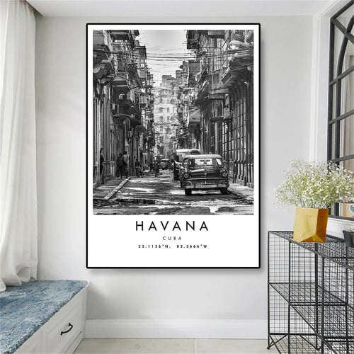 Cuba Havana Black & White Reiseplakat Veggkunst Fine Art Lærred Trykk Bilder For Stue Spisestue | Skanto