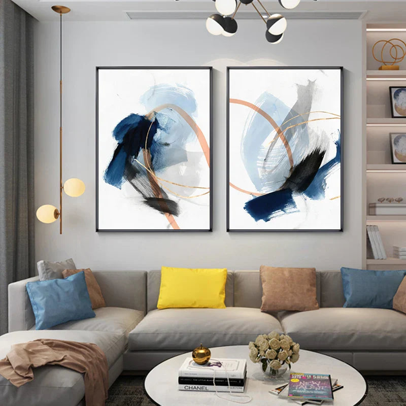 Moderne Abstrakt Bred Stroke Veggkunst Fine Art Lerret Trykk Blå Beige Med Hint Av Oransje Gull Nordiske Bilder For Stueinnredning | Skanto