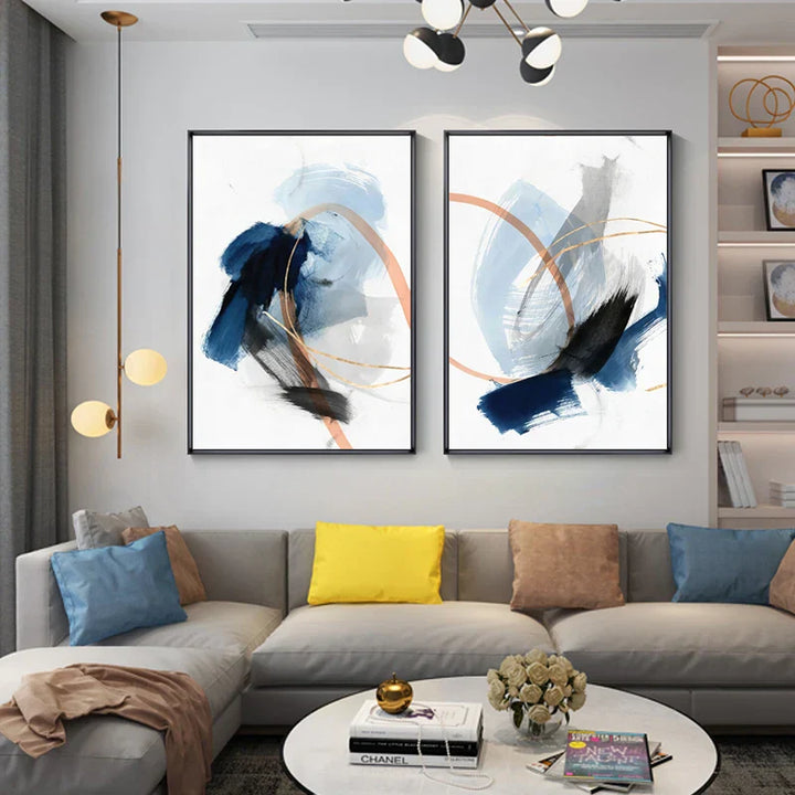 Moderne Abstrakt Bred Stroke Veggkunst Fine Art Lerret Trykk Blå Beige Med Hint Av Oransje Gull Nordiske Bilder For Stueinnredning | Skanto