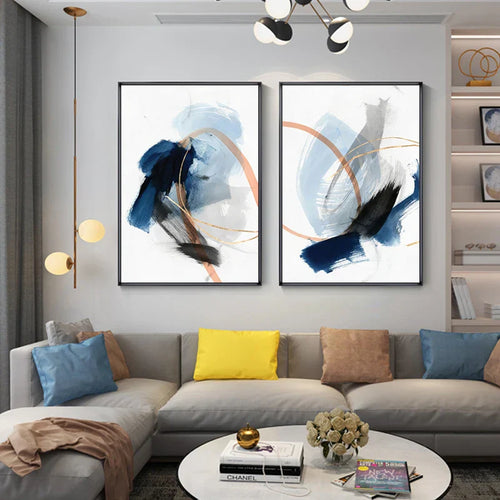 Moderne Abstrakt Bred Stroke Veggkunst Fine Art Lerret Trykk Blå Beige Med Hint Av Oransje Gull Nordiske Bilder For Stueinnredning | Skanto