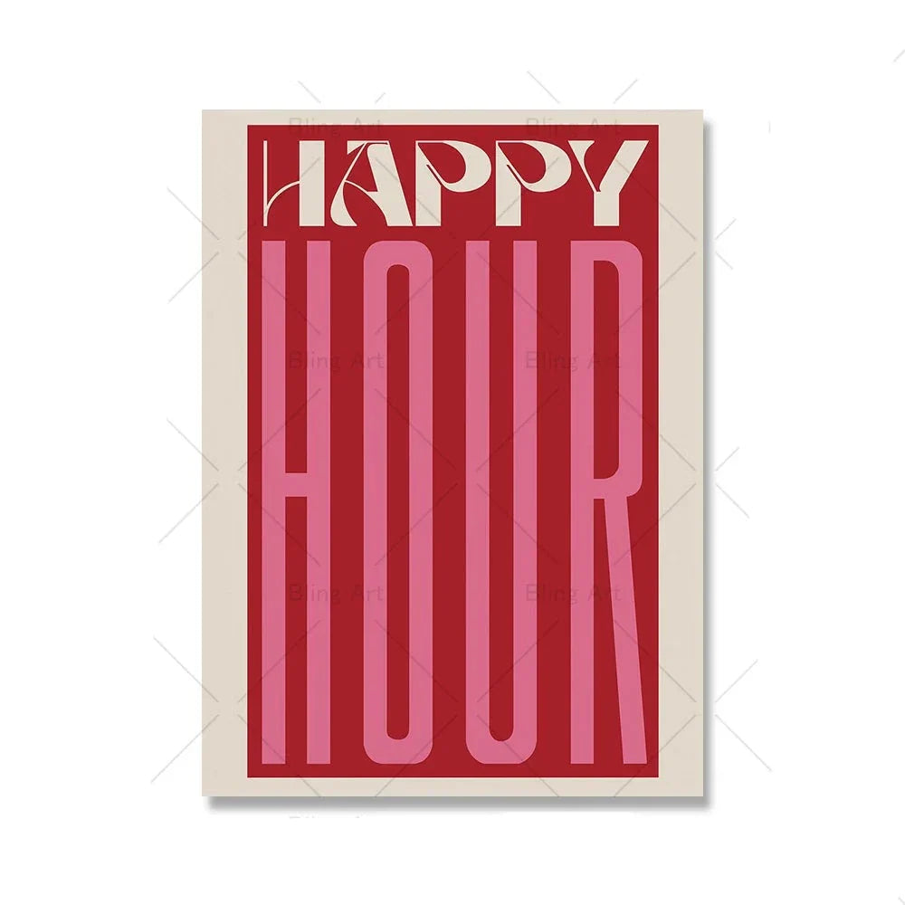 Retro typografisk Happy Hour Bar Cafe Kjøkken Veggkunst Fin Kunst Lerretsutskrifter Bilder for Stue Spisestue Fargerik Kunst Dekor | Skanto