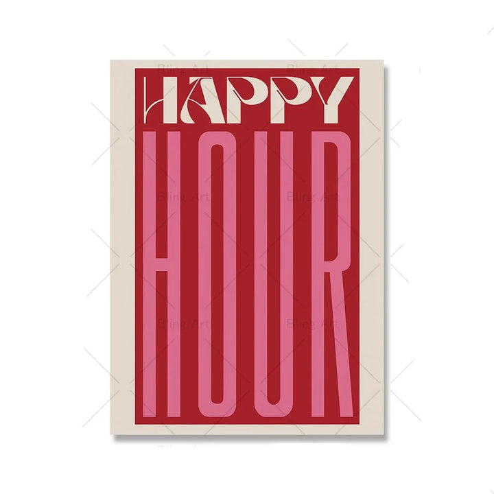Retro typografisk Happy Hour Bar Cafe Kjøkken Veggkunst Fin Kunst Lerretsutskrifter Bilder for Stue Spisestue Fargerik Kunst Dekor | Skanto