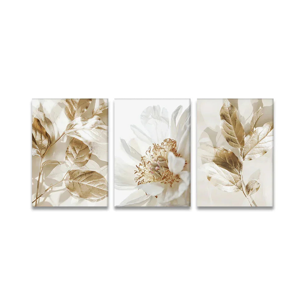 Moderne hvite & gyldne blomster veggkunst fine kunst lerretsutskrifter bilder for stue, spisestue, soverom kunstdekor (sett med 3 stykker) | Skanto