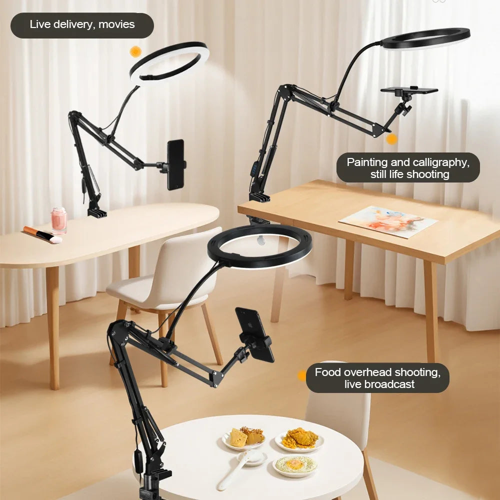 Skanto | LumiFlex LED-Ringlampe med fleksibel arm & telefonholder | 3 lysfarger & USB-port | Perfekt for livestream, video & selfie