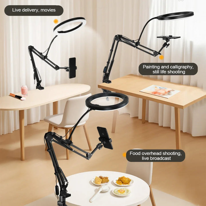 Skanto | LumiFlex LED-Ringlampe med fleksibel arm & telefonholder | 3 lysfarger & USB-port | Perfekt for livestream, video & selfie