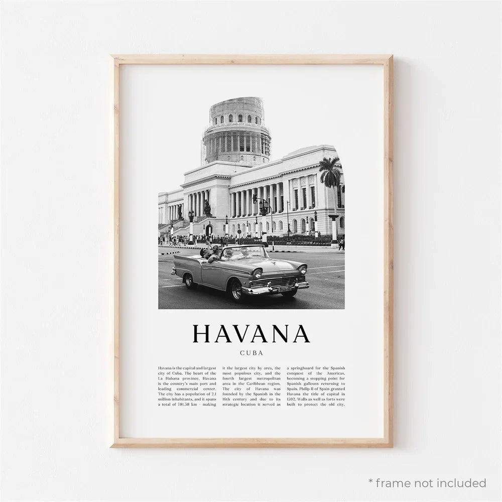 Cuba Havana Black & White Reiseplakat Veggkunst Fine Art Lærred Trykk Bilder For Stue Spisestue | Skanto