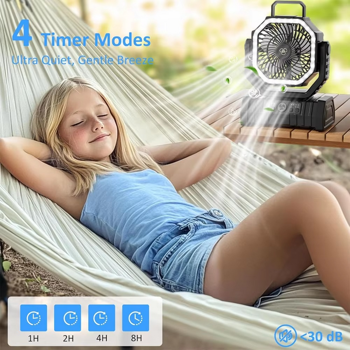 Oppladbar campingvifte med 20000mAh batteri, 4 hastigheter og LED-lanterne | Skanto